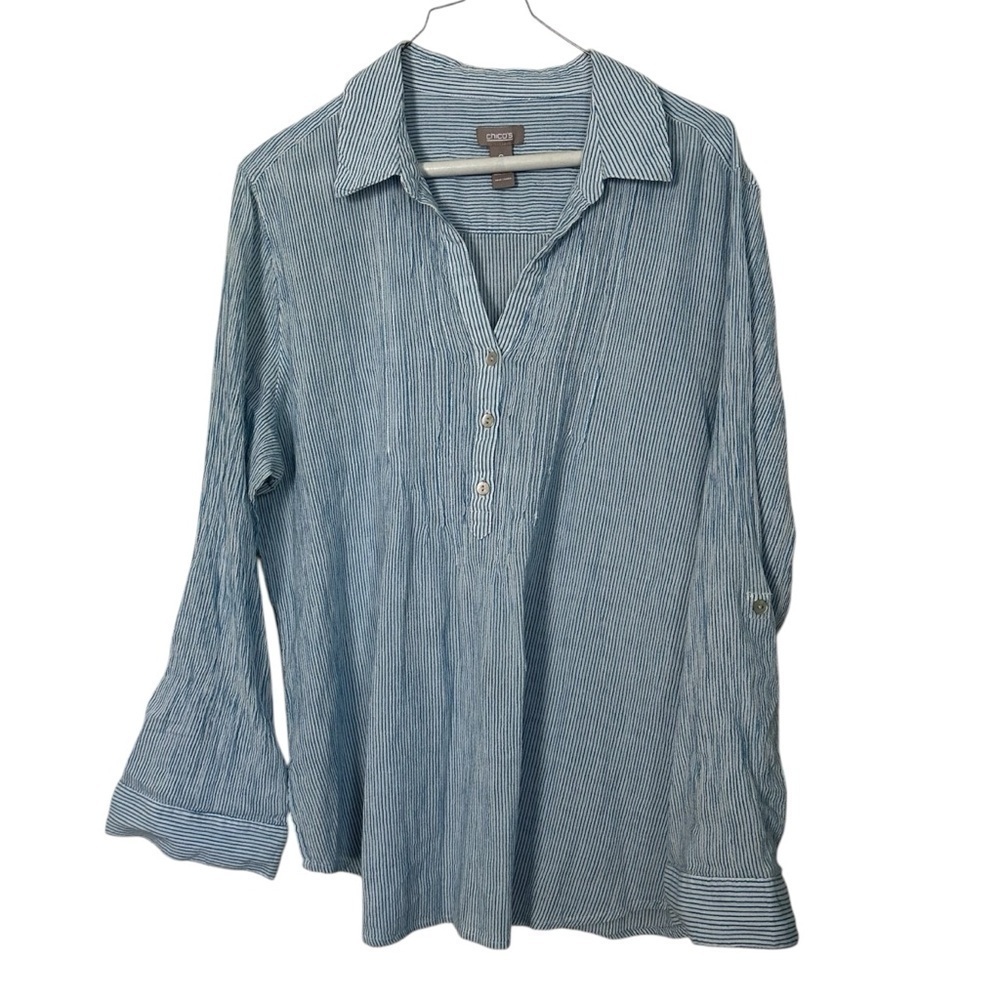 Chico's Shirt Blue & White Gauzy Cotton Striped Sz 16